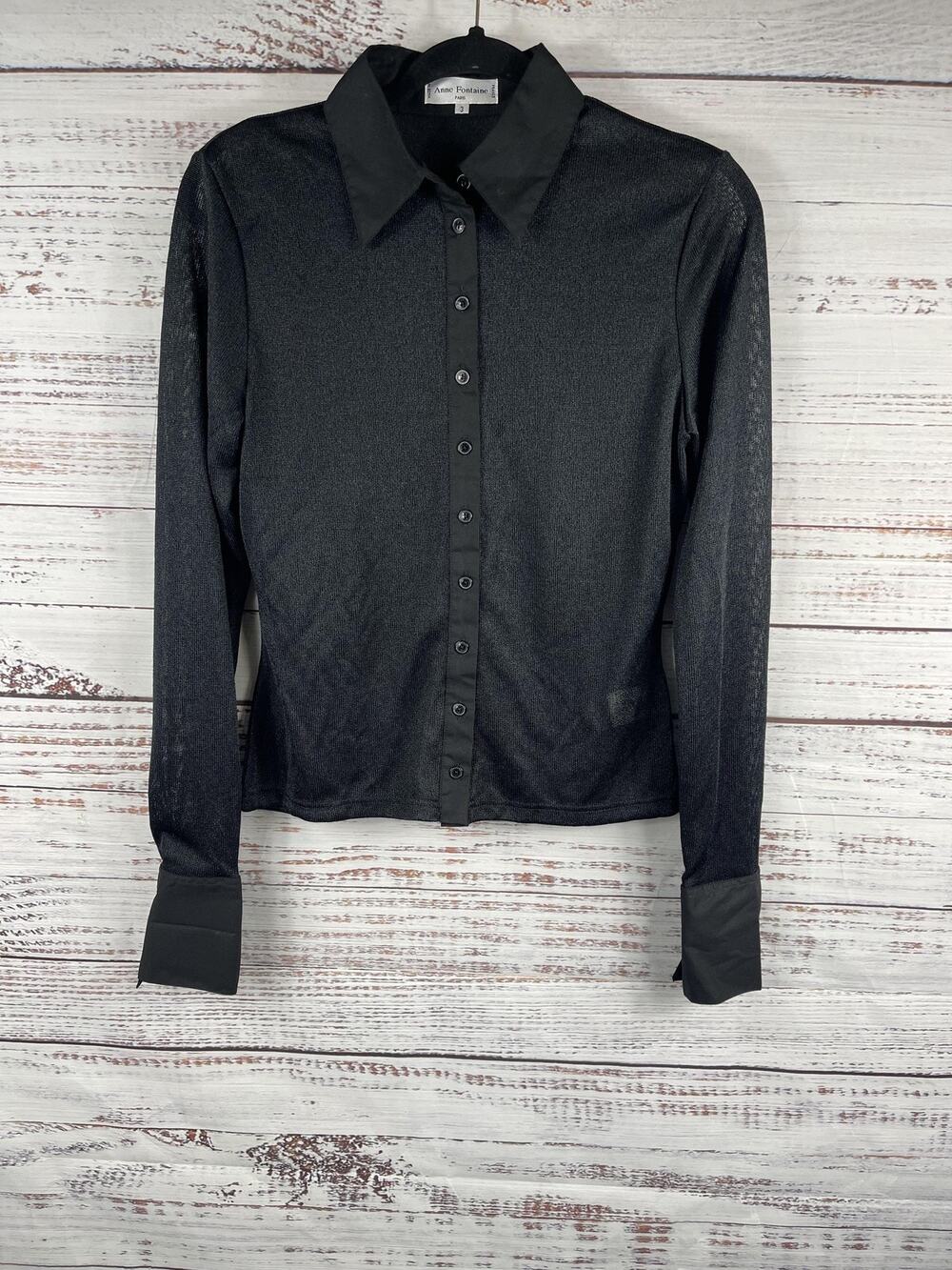 Anne Fontaine Shirt SZ 3 Small Black Sheer Button Front Collared Long Sleeve Top